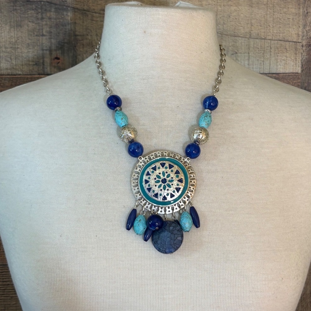 Boho Silver Tone Blue Turquoise Beaded Medallion Statement Necklace
